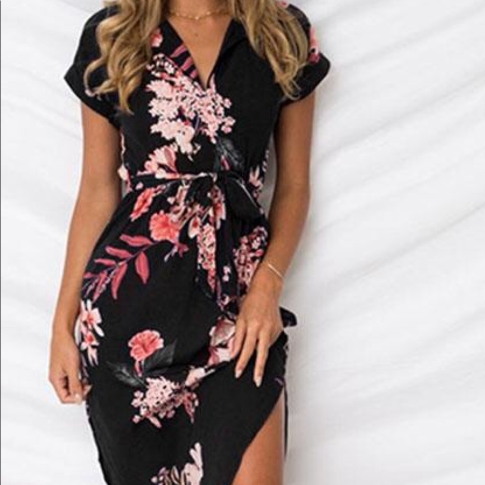 Casual short sleeve printed with belt maxi dress